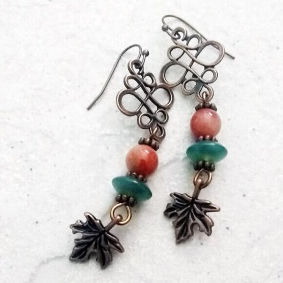 Stacked Beads + Copper Filigree + Maple Leaf Earrings - Unique Autumn Earrings - Picture 1 of 8